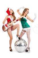 Christmas rock band with sexy girls on white