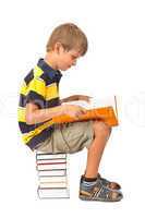 Schoolboy is sitting on books