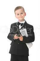 Boy holding a cellphone and newspaper