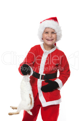 Boy holding a christmas rabbit