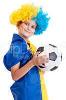 Football fan with  ukrainian flag on a white background