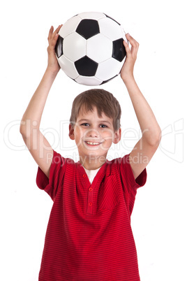 Cute boy is holding a football ball. Soccer ball