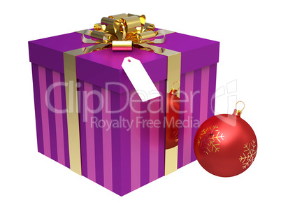 Pink gift box with Christmas ball isolated on white