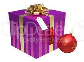 Pink gift box with Christmas ball isolated on white