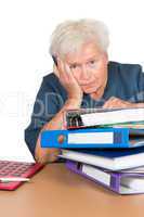 Exhausted senior lady with paperwork