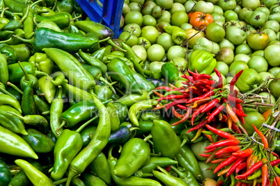 Organic Fresh Ripe Peppers and Tomatoes At A Street Market In Is
