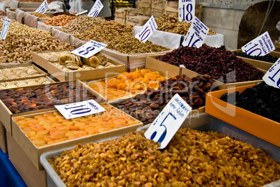 Organic Different Types Of Nuts and Dried Fruits At A Street Mar