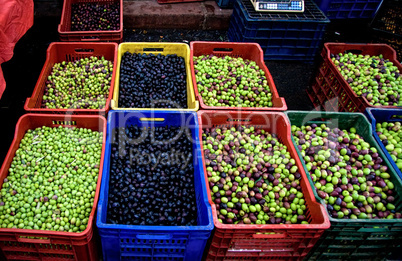 Fresh Organic Different Types Of Olives At A Street Market In Is