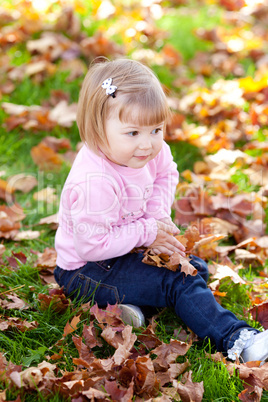 beautiful little girl sitting on the autumn leaves