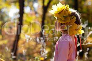 beautiful little girl in a wreath of maple leaves in autumn fore