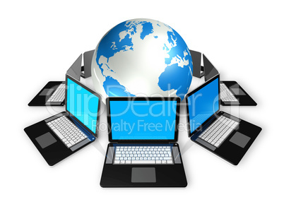 Laptop computers around a world globe