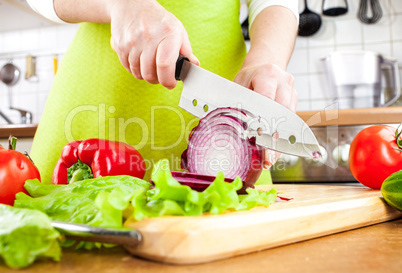 Woman's hands cutting bulb onion