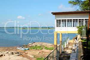 The beach at lake and restaurant with outdoor terrace and lake v