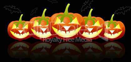 Halloween pumpkins, Jack of the Lantern in  row  on black background,