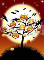 Halloween pumpkins tree on night background with a moon