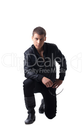 Security officer in black leather jacket isolated