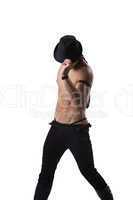 athletic man dance striptease - hold hat in hand