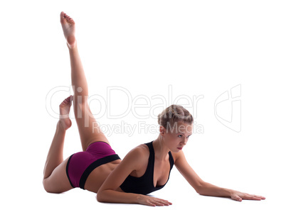 cute blond woman doing split isolated