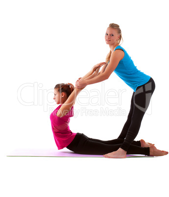 couple cute young woman doing stretch exercise