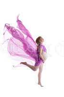 nude pregnant woman jump with flying fabric