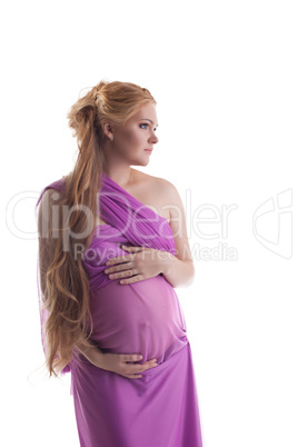 Young cheerful woman in pink fabric isolated