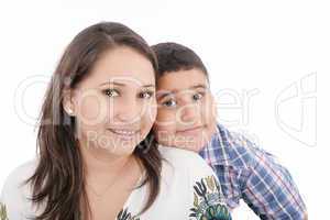 Happy mother with orthodontics and son - isolated over a white b