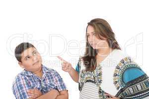 Mother scolding her son isolated on white background