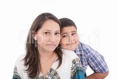 Portrait of mother and child, isolated on white