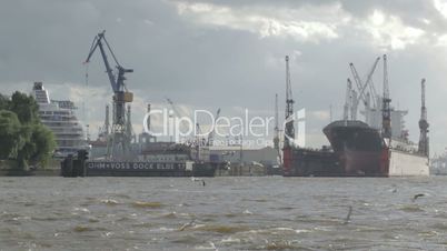 Hamburg port. Cargo ship, gulls.