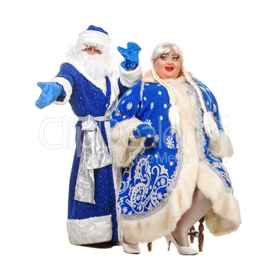 Travesty Actors Genre Depict Santa Claus and Snow Maiden