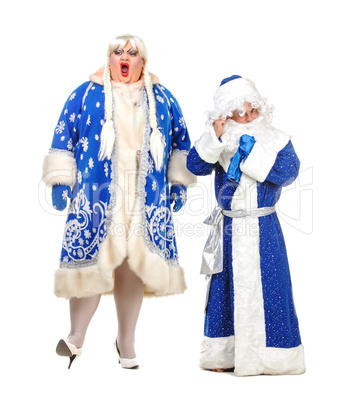 Travesty Actors Genre Depict Santa Claus and Snow Maiden