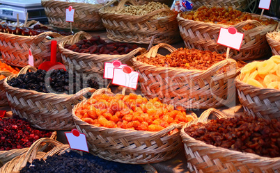 Organic Different Types Of Dried Or Candied Fruits At A Street M