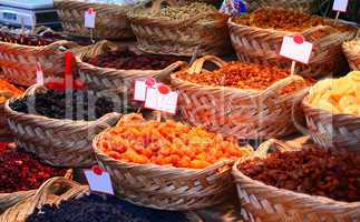 Organic Different Types Of Dried Or Candied Fruits At A Street M