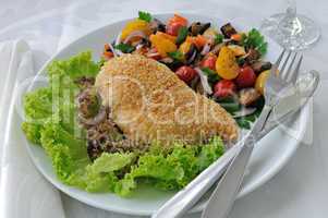 Chicken steak with vegetables in sesame