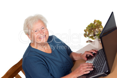 Happy senior lady using a laptop