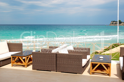 Sea view terrace by a beach at the modern luxury hotel, Thassos