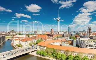 Berlin Skyline City Panorama with cloudy blue sky - famous landmark in Berlin, Germany, Europe