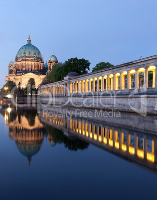 Berlin Cathedral (Berliner Dom) panorama reflection, famous landmark in Berlin City, Germany at night