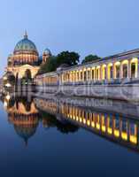 Berlin Cathedral (Berliner Dom) panorama reflection, famous landmark in Berlin City, Germany at night