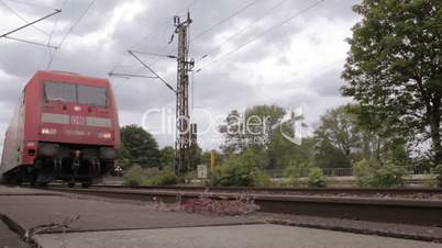 Train in Hamburg, Germany, low angle shot.