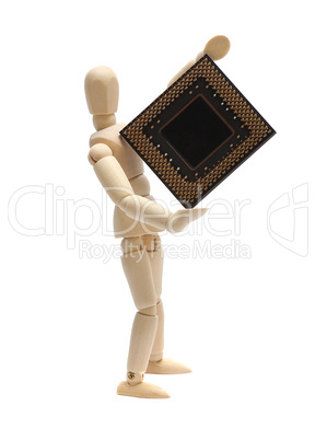wooden doll holding semiconductor