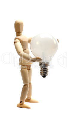 wooden doll holding a light bulb