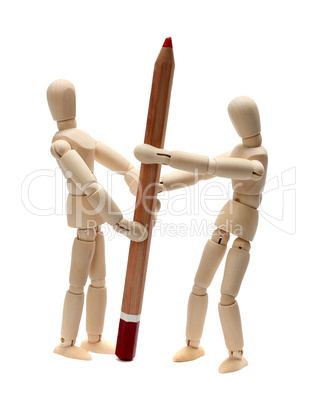 wooden doll fighting about red pencil