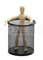 wooden doll in garbion cage