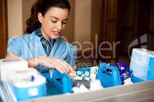 Pretty female housekeeper busy working