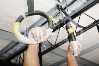 Human hanging in Gymnastic Rings. Focus on the right hand.