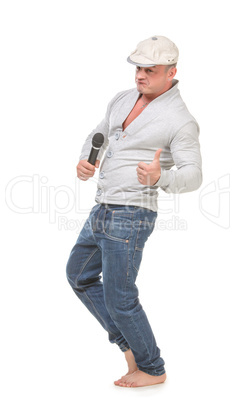 Man in a Cap with a Microphone shows Thumb-up