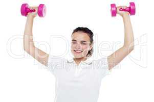 Smiling girl working out. Dumbbells above her head