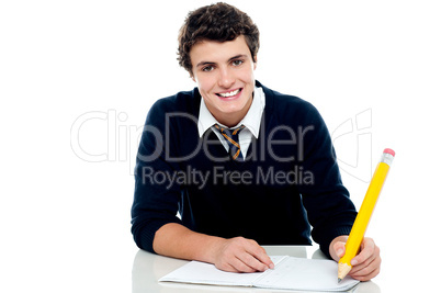 Smiling attractive youngster kid studying
