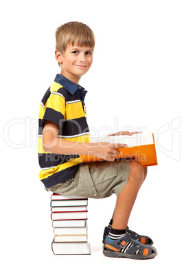 Schoolboy is sitting on books. Back to school